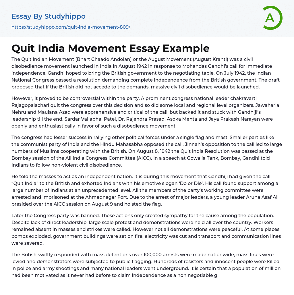 essay on quit india movement in 300 words