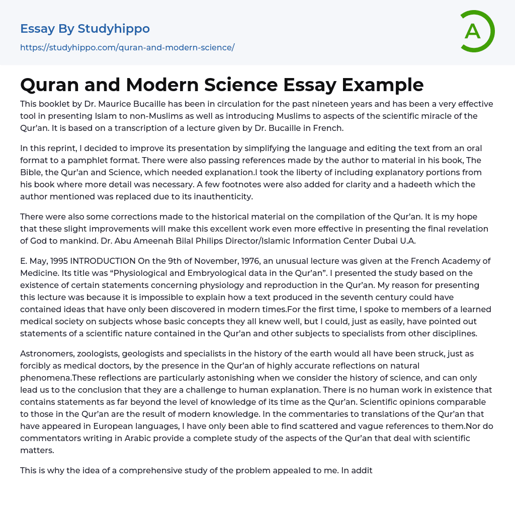 Quran and Modern Science Essay Example