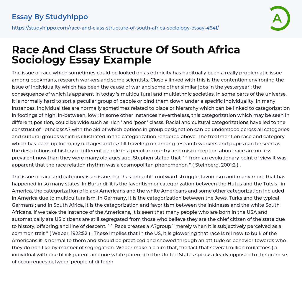 Race And Class Structure Of South Africa Sociology Essay Example
