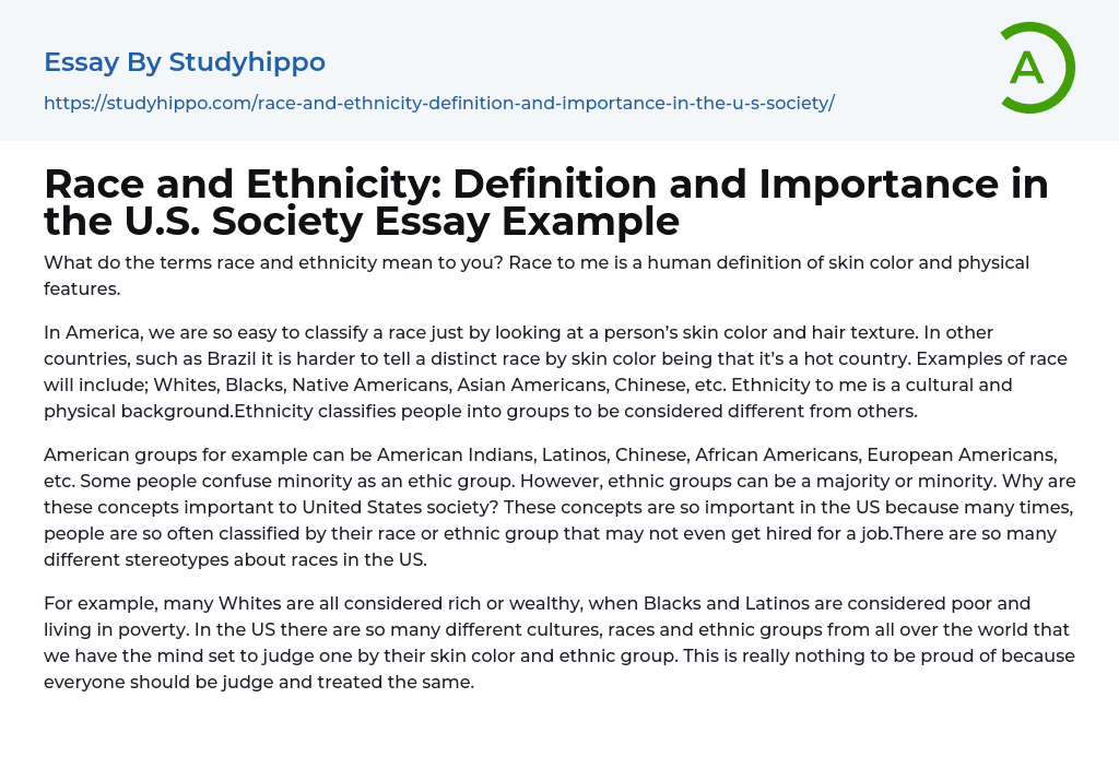 Race and Ethnicity: Definition and Importance in the U.S. Society Essay Example