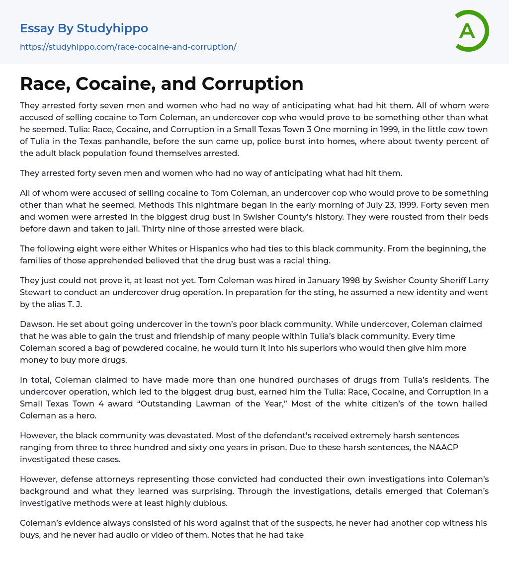 Race, Cocaine, and Corruption Essay Example