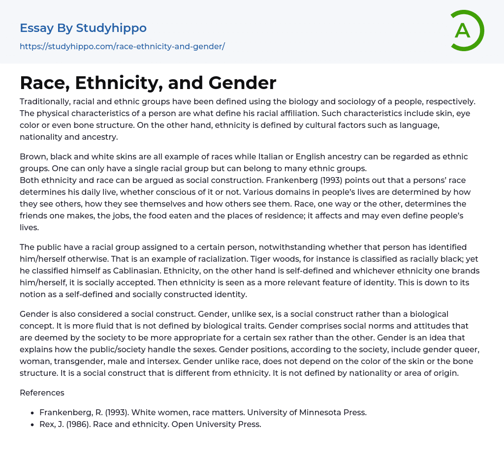 Race, Ethnicity, and Gender Essay Example