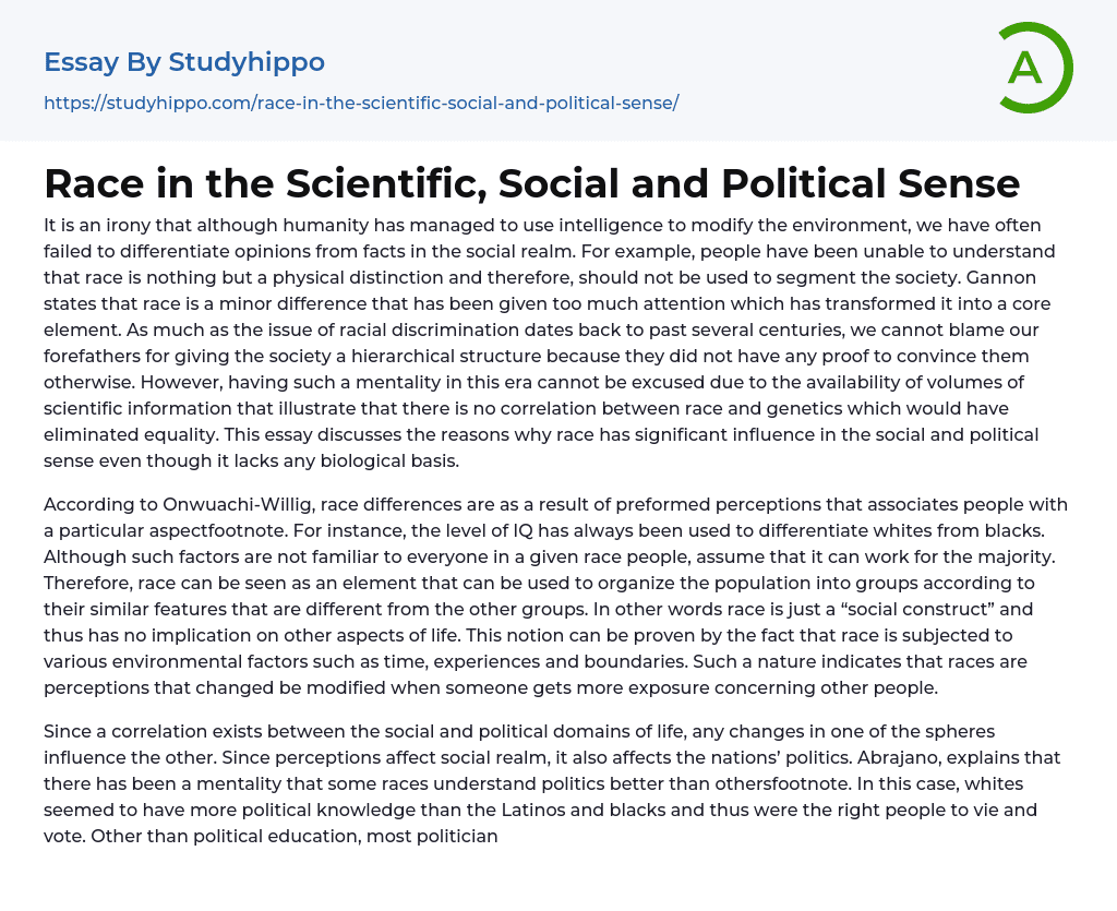 Race in the Scientific, Social and Political Sense Essay Example