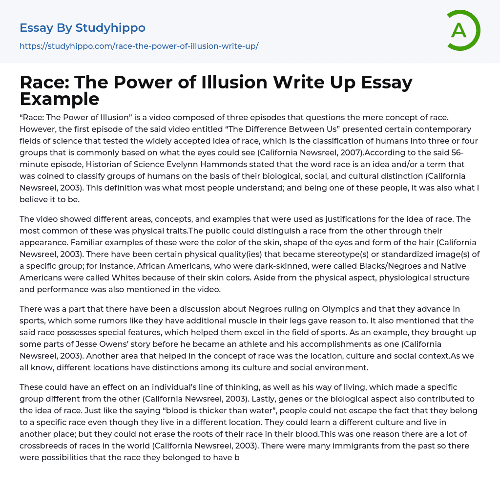 Race: The Power of Illusion Write Up Essay Example