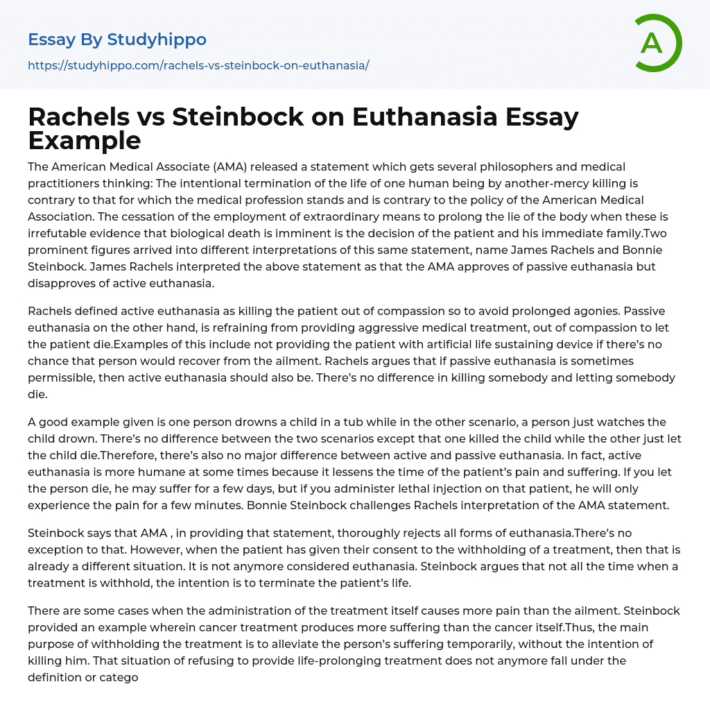 Rachels vs Steinbock on Euthanasia Essay Example