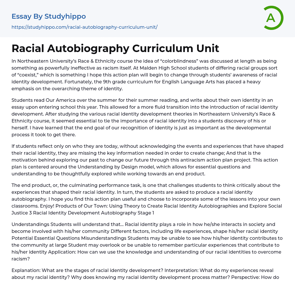 Racial Autobiography Curriculum Unit Essay Example