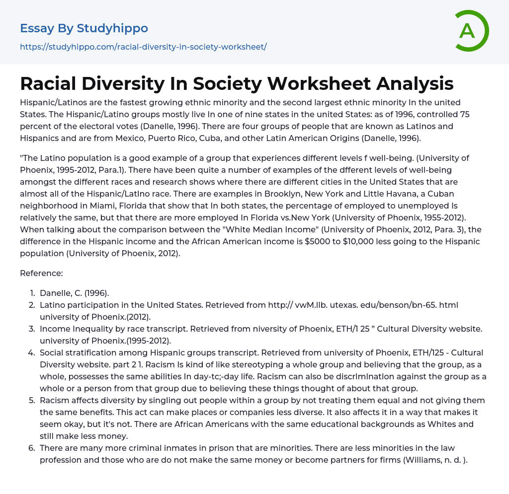 Racial Diversity In Society Worksheet Analysis Essay Example