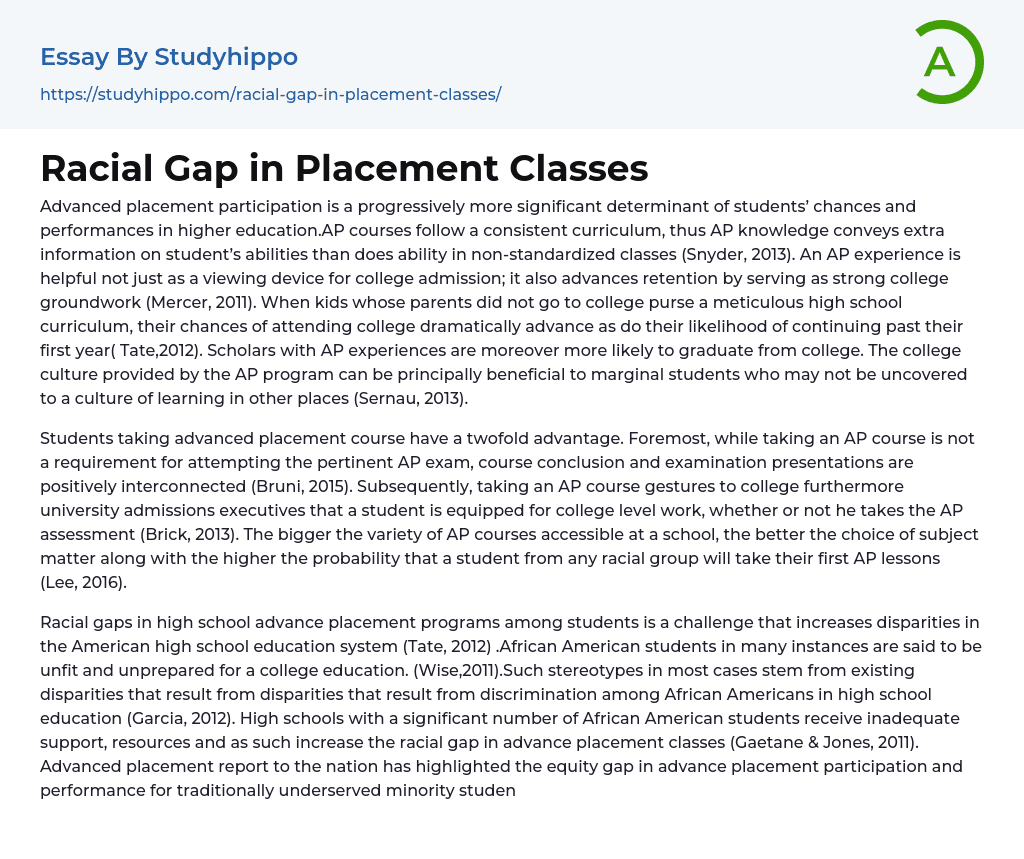 Racial Gap in Placement Classes Essay Example