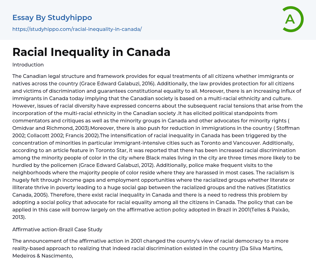 Racial Inequality in Canada Essay Example