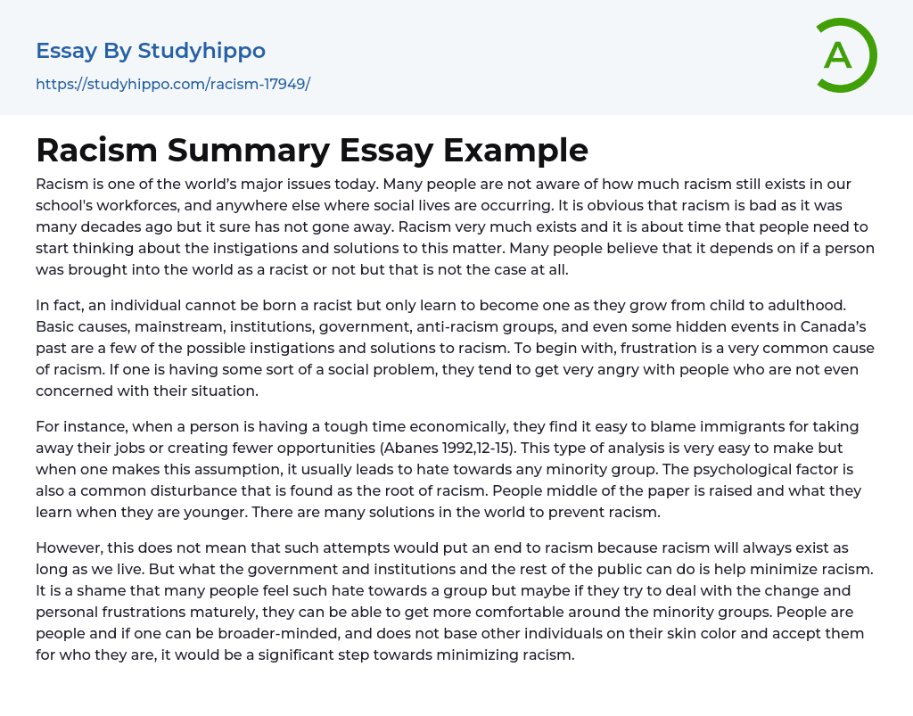 Racism Summary Essay Example