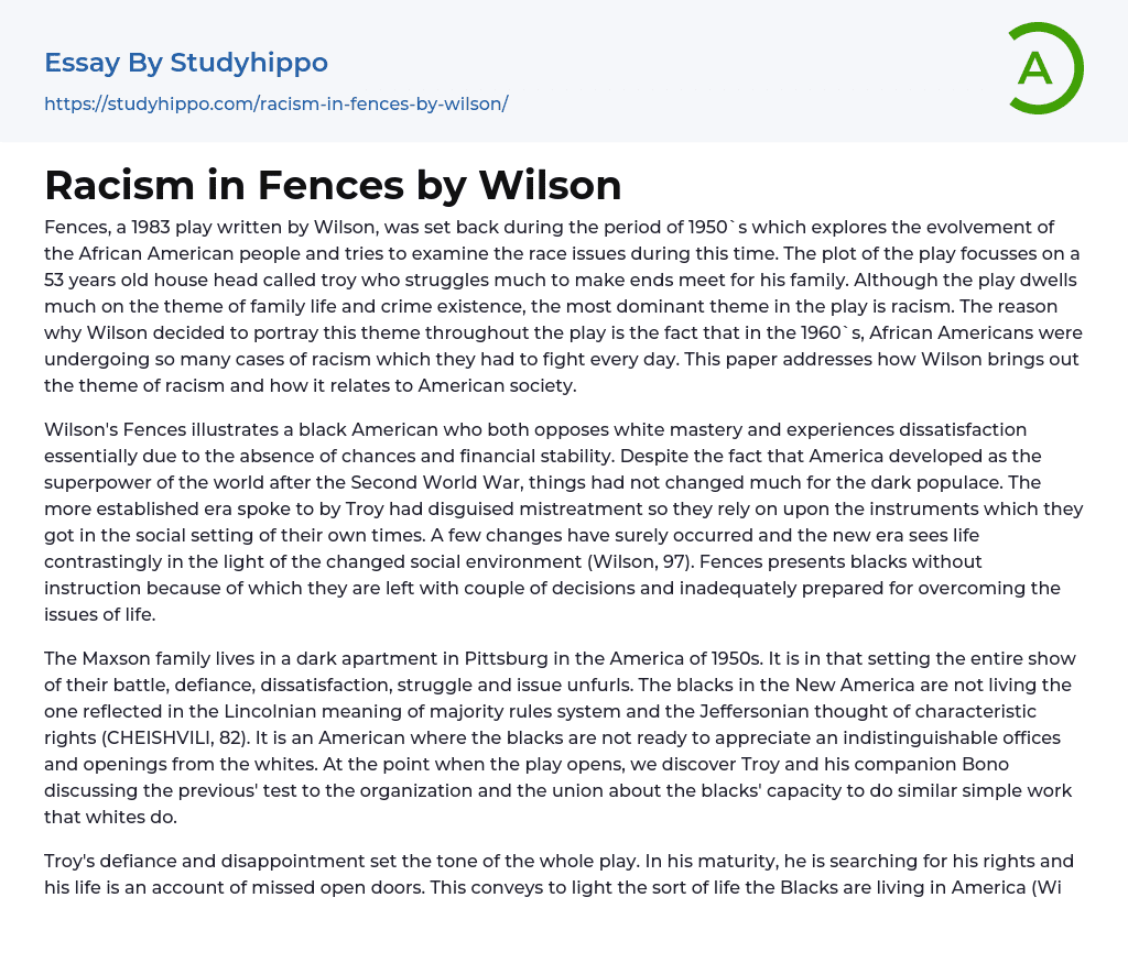 Racism in Fences by Wilson Essay Example