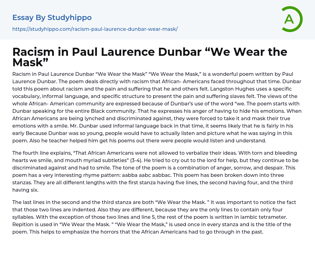 Racism in Paul Laurence Dunbar “We Wear the Mask” Essay Example