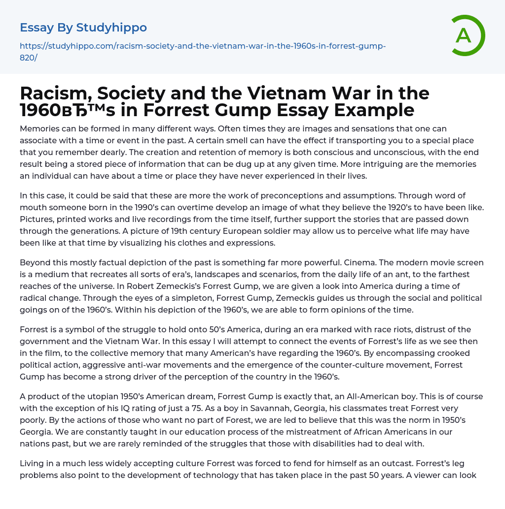 Racism, Society and the Vietnam War in the 1960’s in Forrest Gump Essay Example