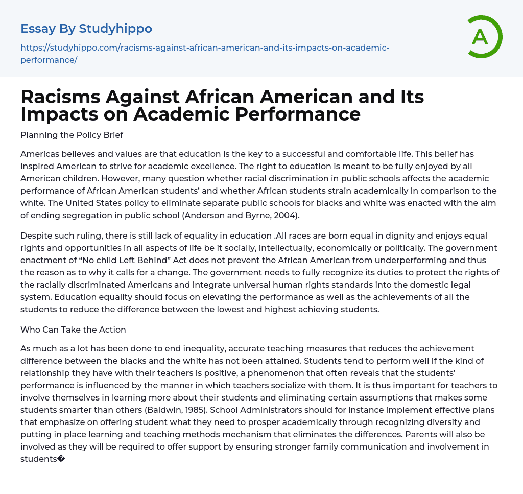 Racisms Against African American and Its Impacts on Academic Performance Essay Example