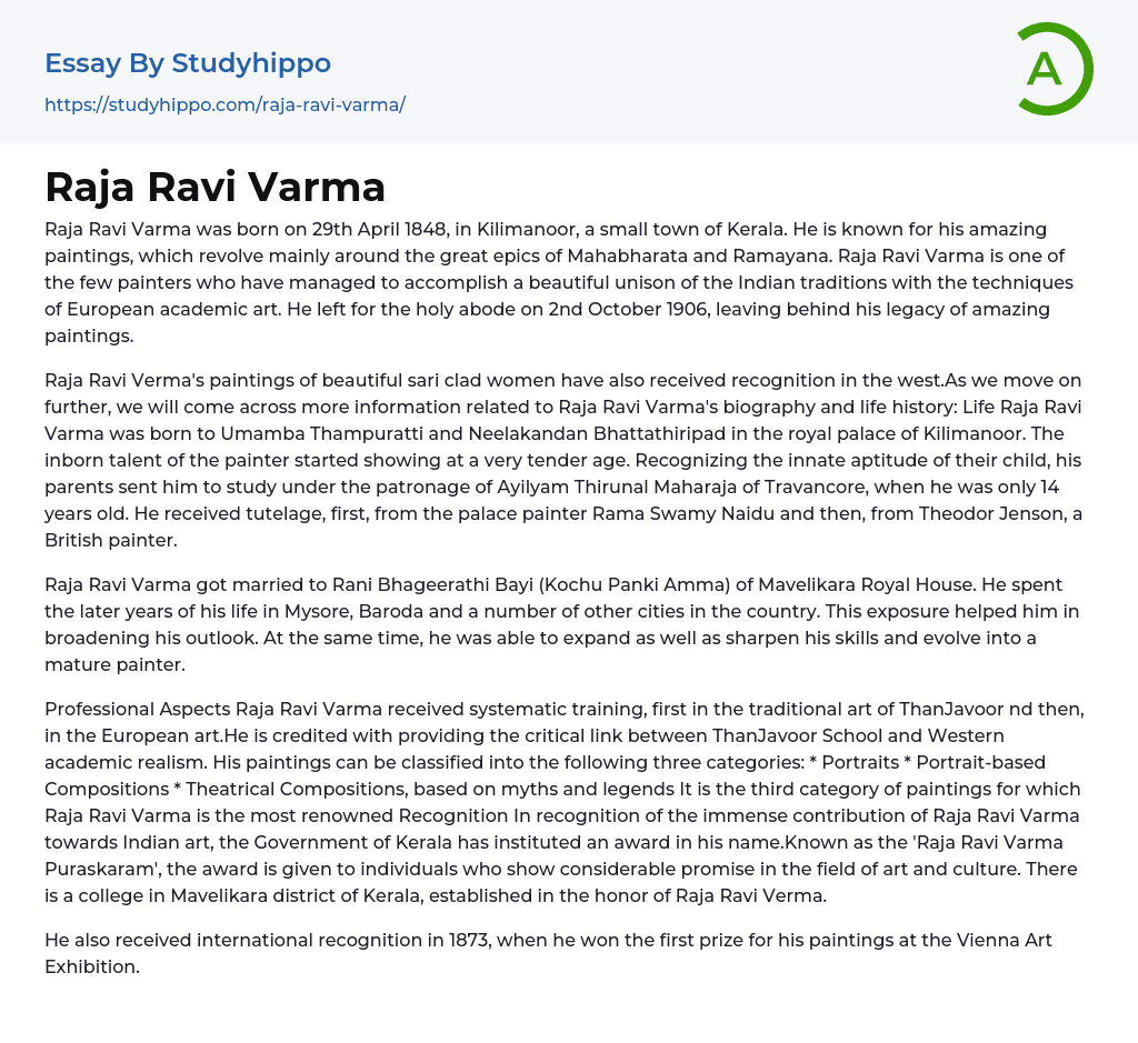 Raja Ravi Varma Essay Example