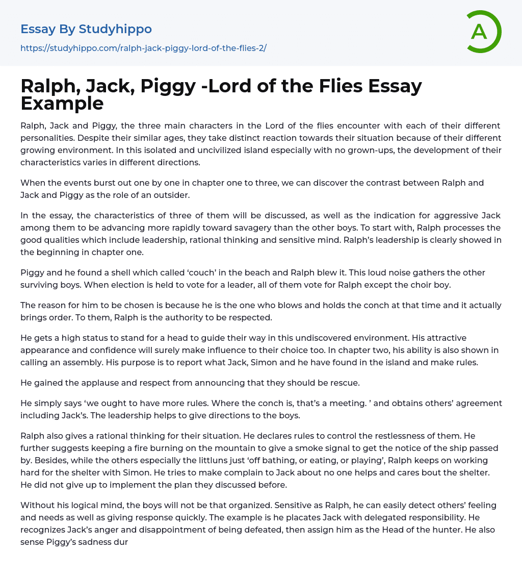 Ralph, Jack, Piggy -Lord of the Flies Essay Example