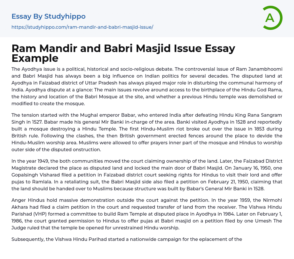 Ram Mandir and Babri Masjid Issue Essay Example