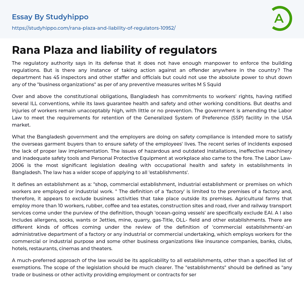 Rana Plaza and liability of regulators Essay Example