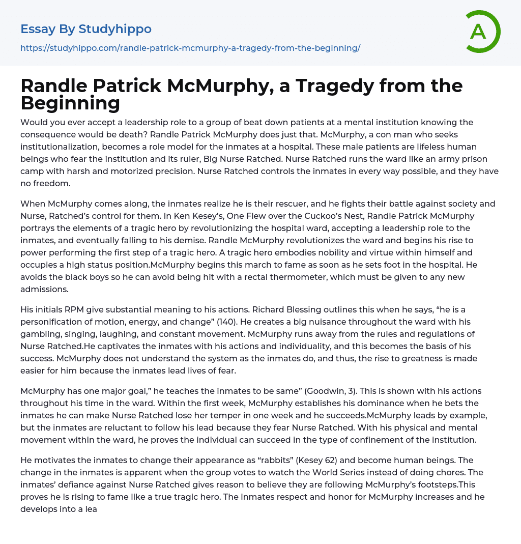 Randle Patrick McMurphy, a Tragedy from the Beginning Essay Example