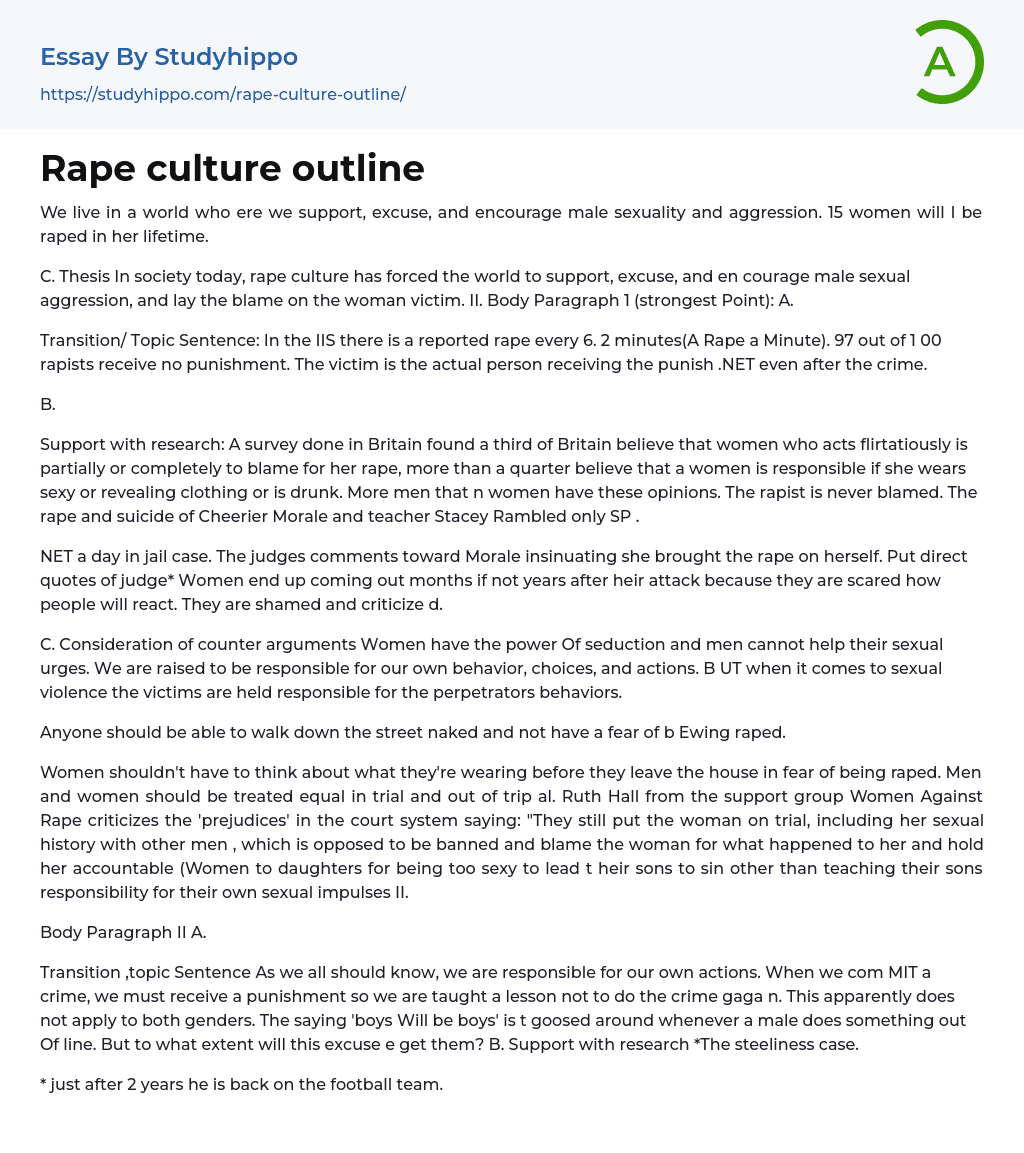 Rape culture outline Essay Example