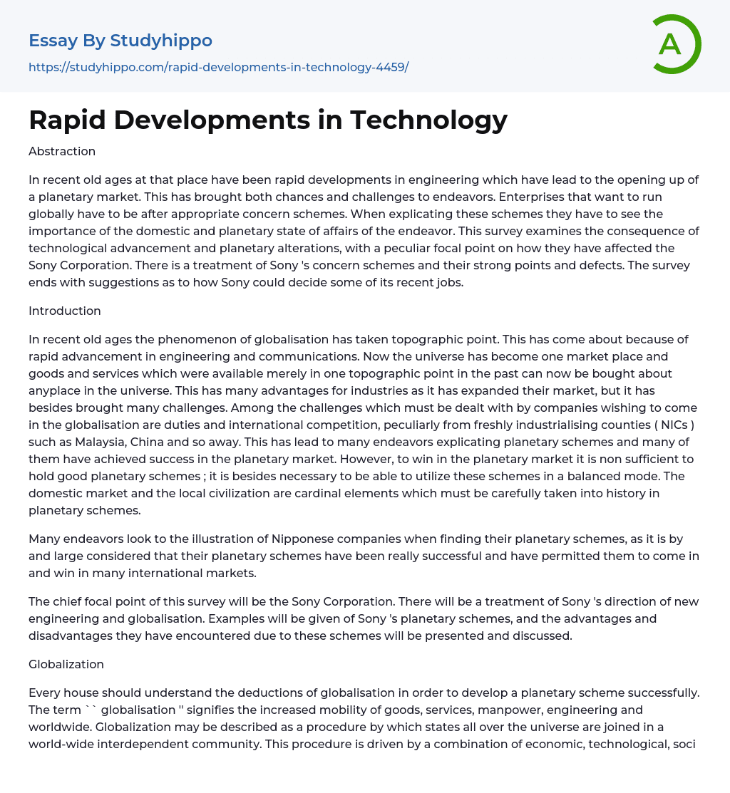 Rapid Developments in Technology Essay Example