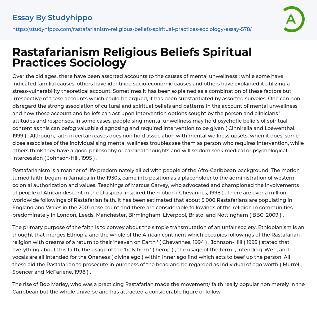 Rastafarianism Religious Beliefs Spiritual Practices Sociology Essay Example