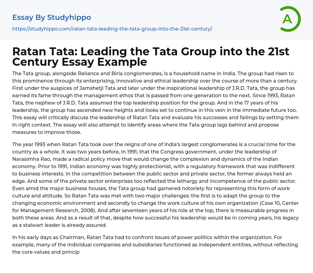 Ratan Tata: Leading the Tata Group into the 21st Century Essay Example