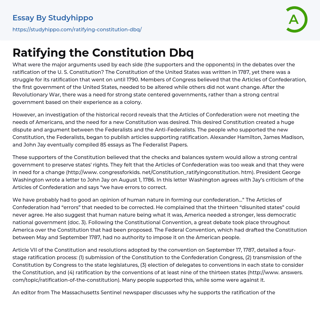 Ratifying the Constitution Dbq Essay Example