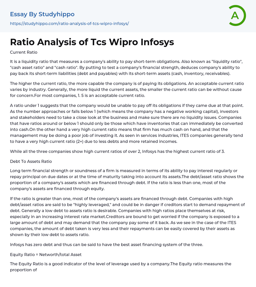 Ratio Analysis of Tcs Wipro Infosys Essay Example