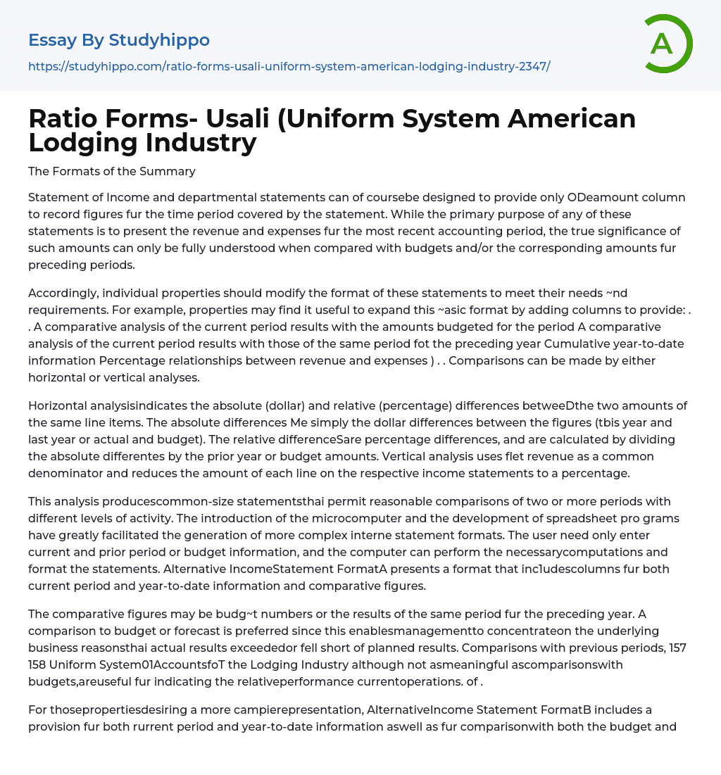 Ratio Forms- Usali (Uniform System American Lodging Industry Essay Example