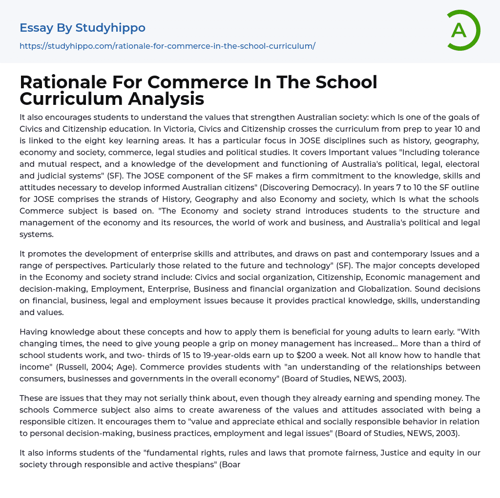 Rationale For Commerce In The School Curriculum Analysis Essay Example