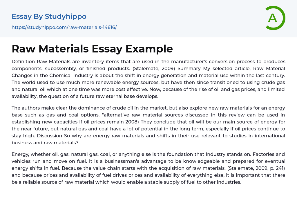 Raw Materials Essay Example