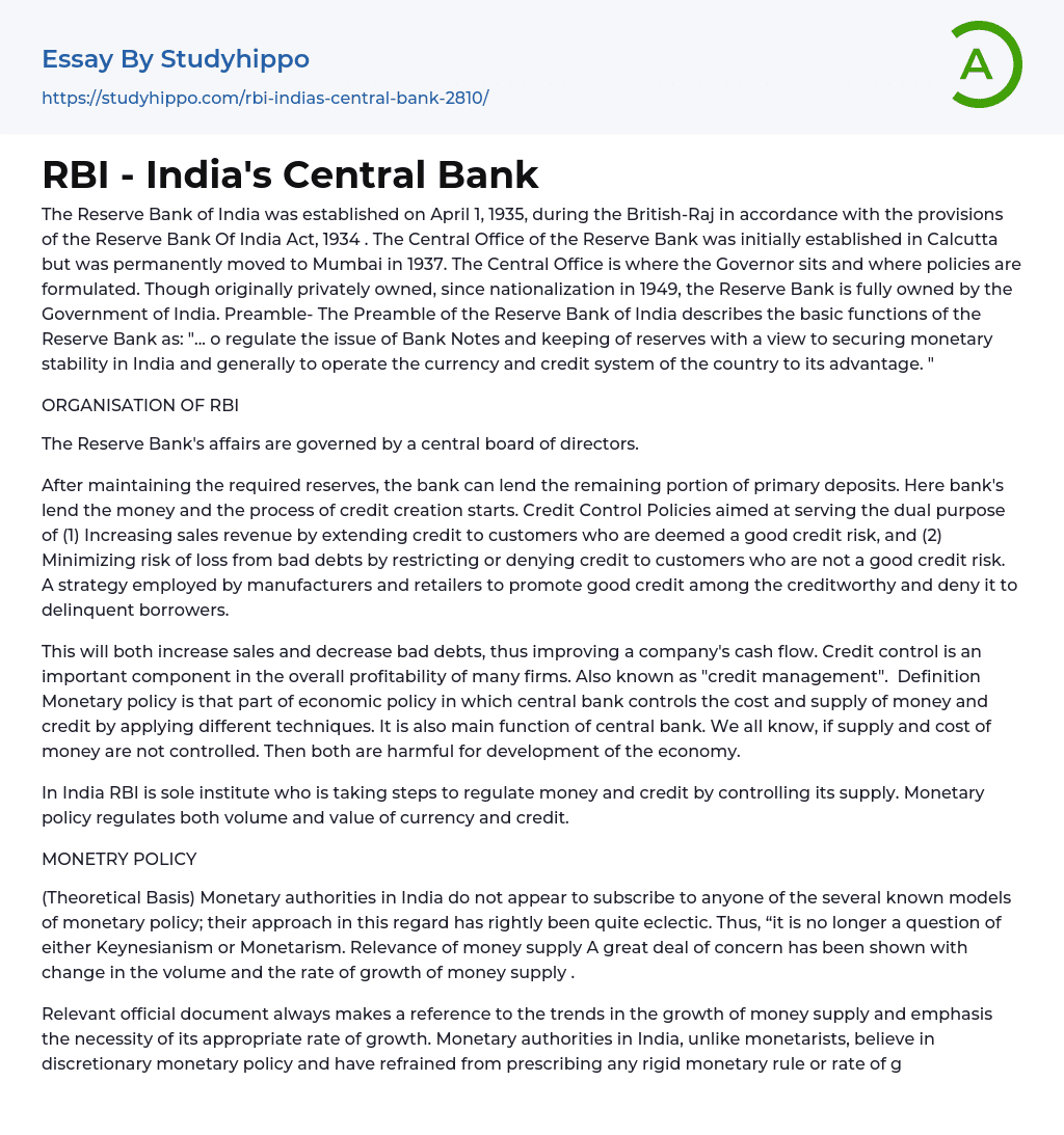 RBI – India’s Central Bank Essay Example
