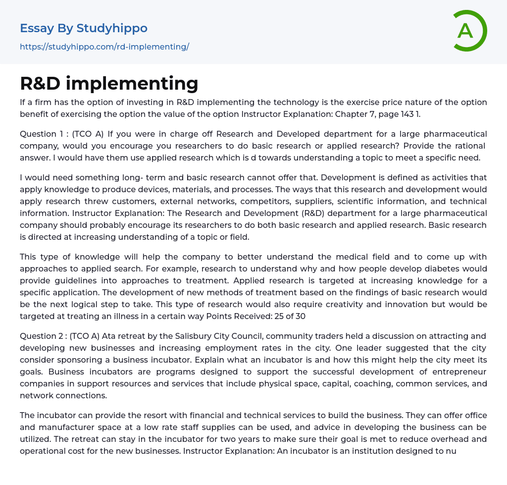 R&D implementing Essay Example
