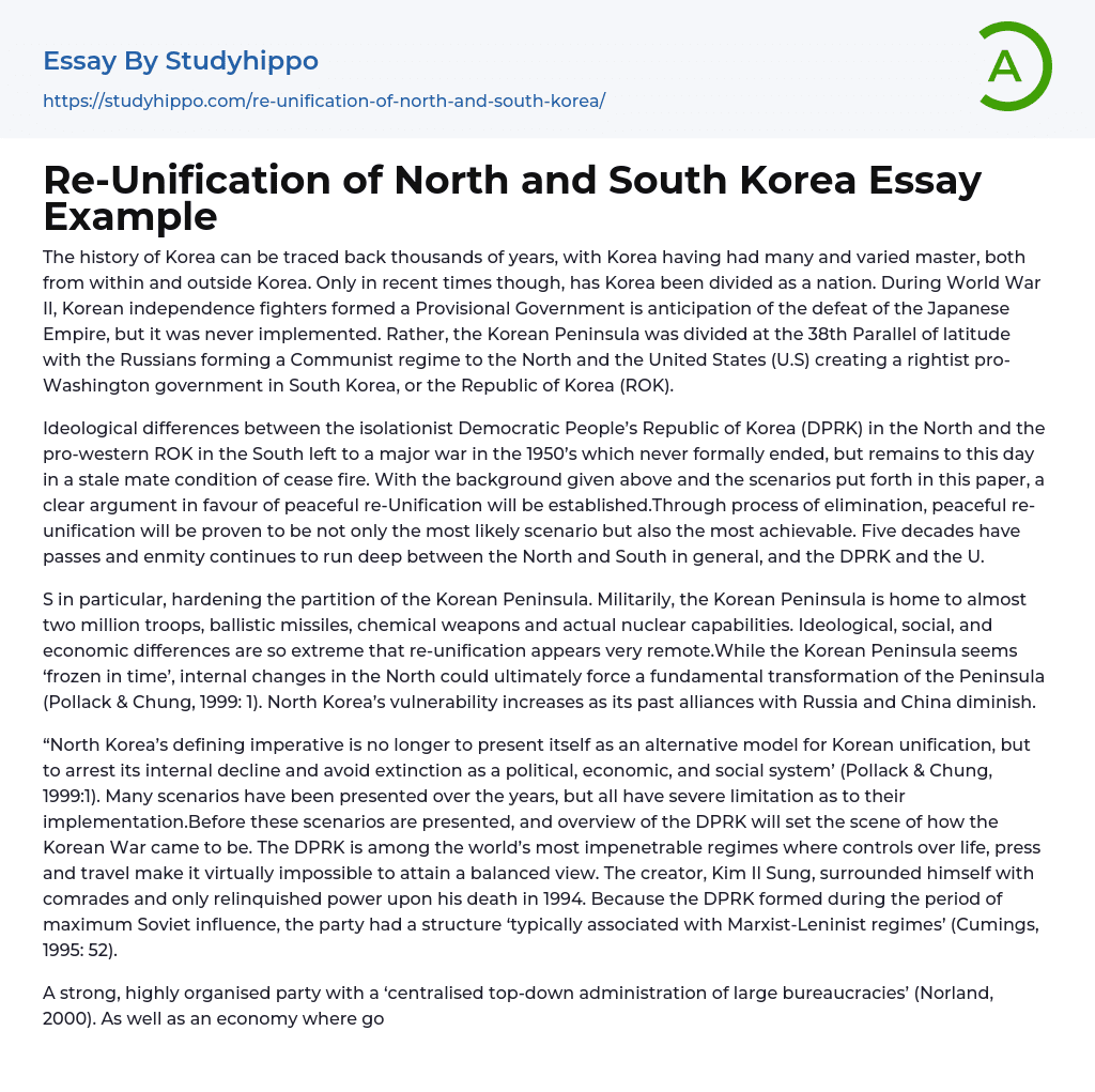 Re-Unification of North and South Korea Essay Example
