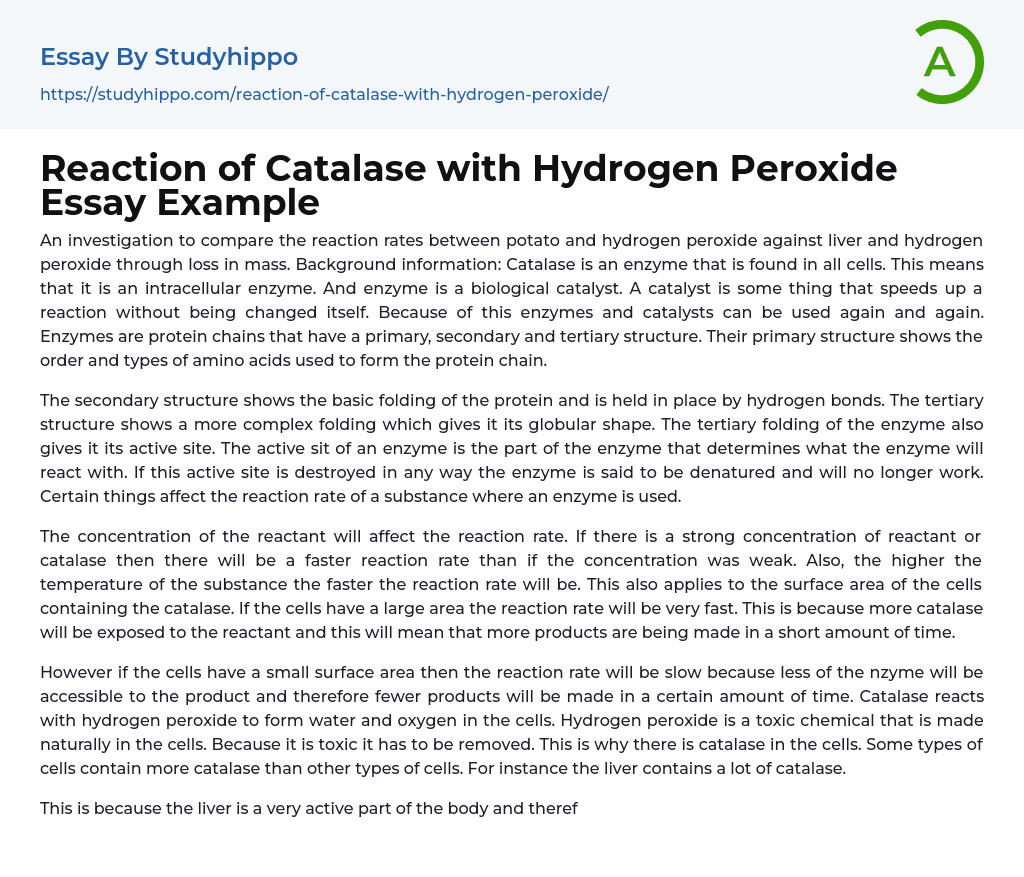 Reaction of Catalase with Hydrogen Peroxide Essay Example
