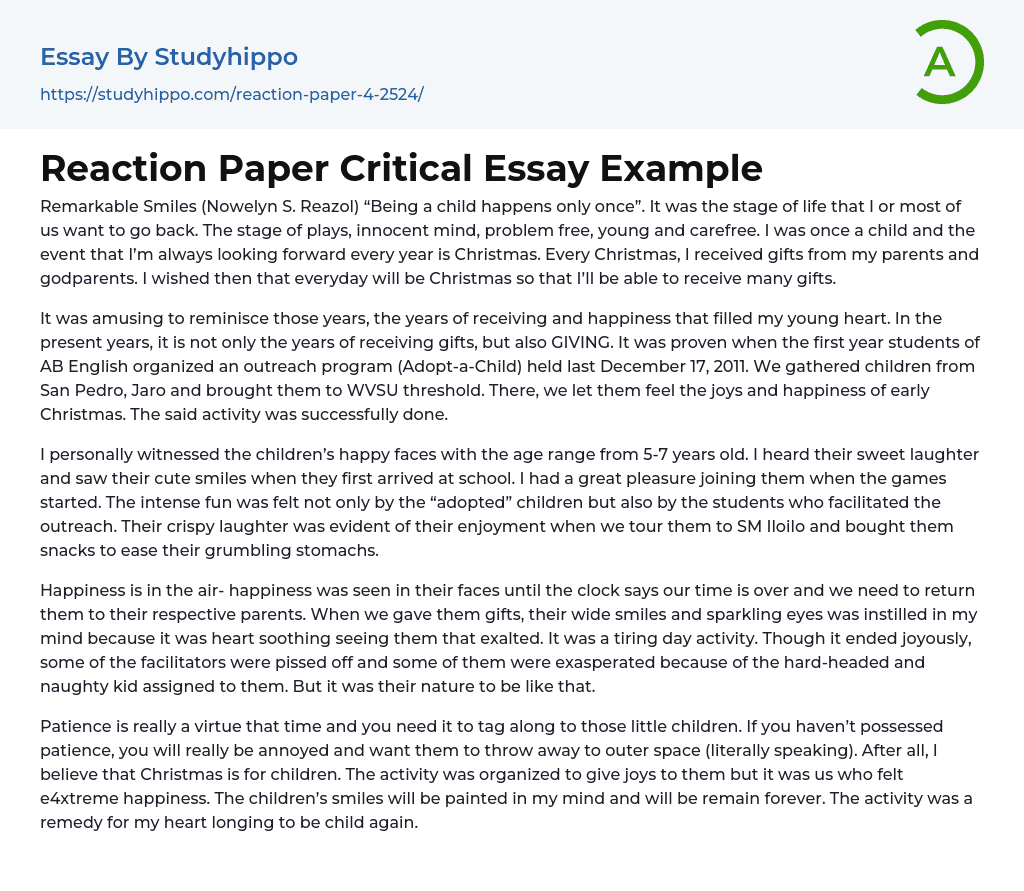 Reaction Paper Critical Essay Example