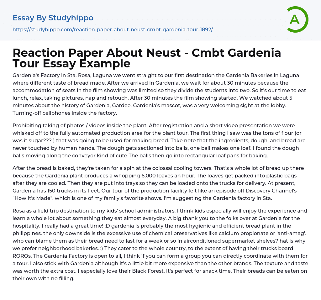 Reaction Paper About Neust – Cmbt Gardenia Tour Essay Example