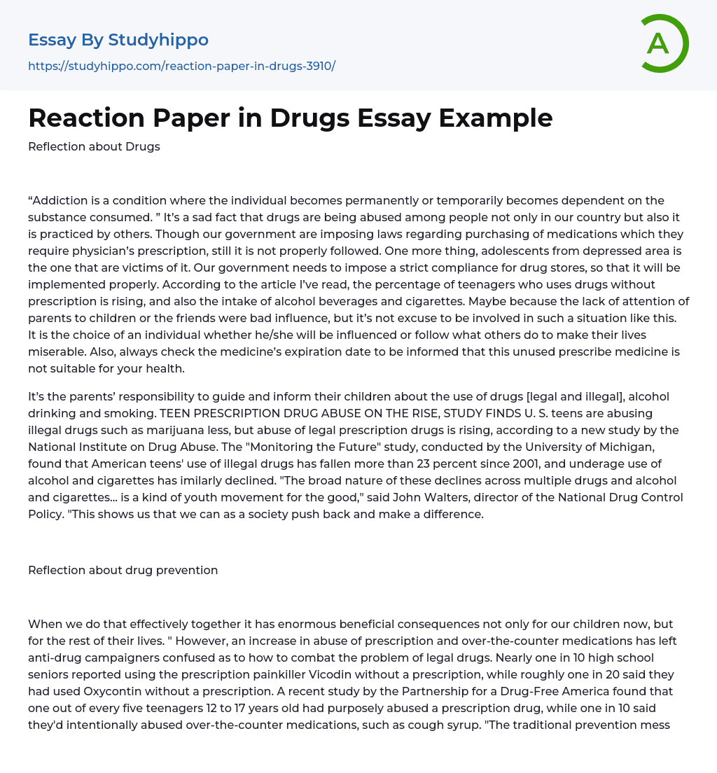 Reaction Paper in Drugs Essay Example