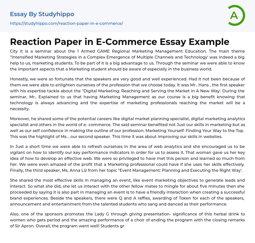 Reaction Paper in E-Commerce Essay Example