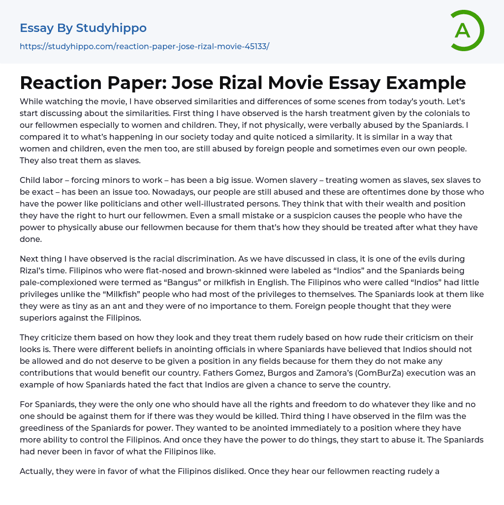 Reaction Paper: Jose Rizal Movie Essay Example