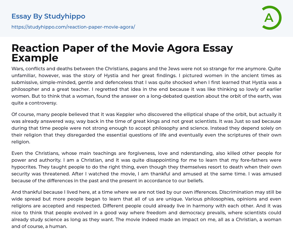 Reaction Paper of the Movie Agora Essay Example