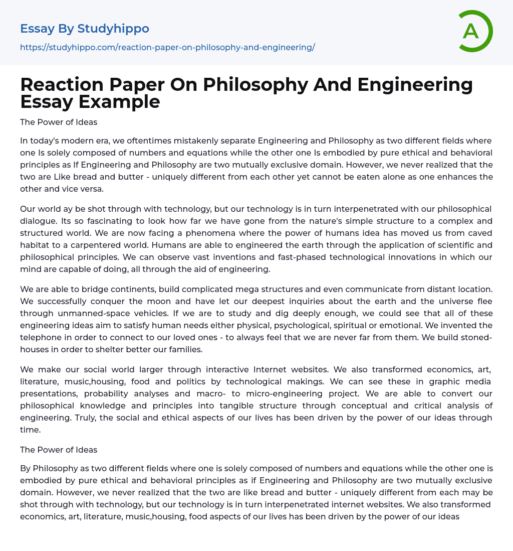 Reaction Paper On Philosophy And Engineering Essay Example