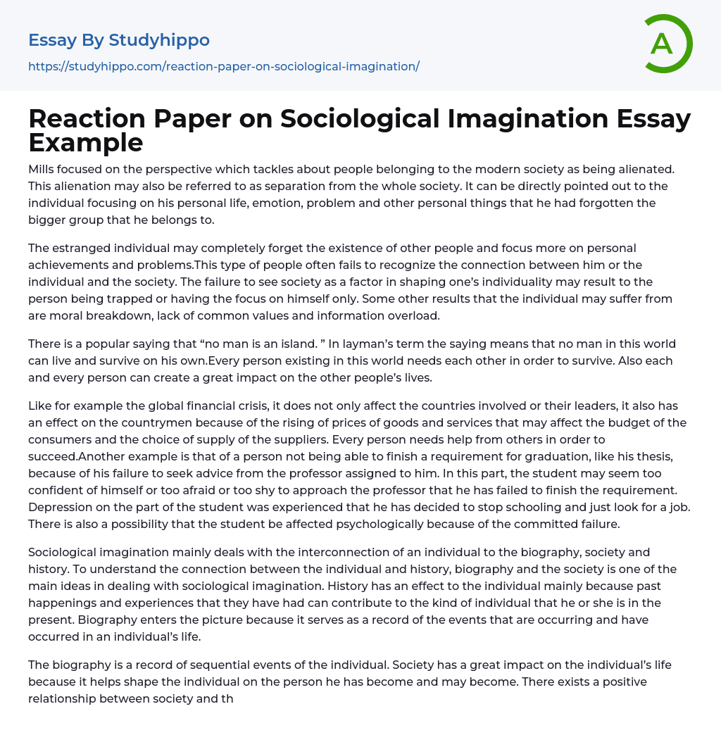Reaction Paper on Sociological Imagination Essay Example