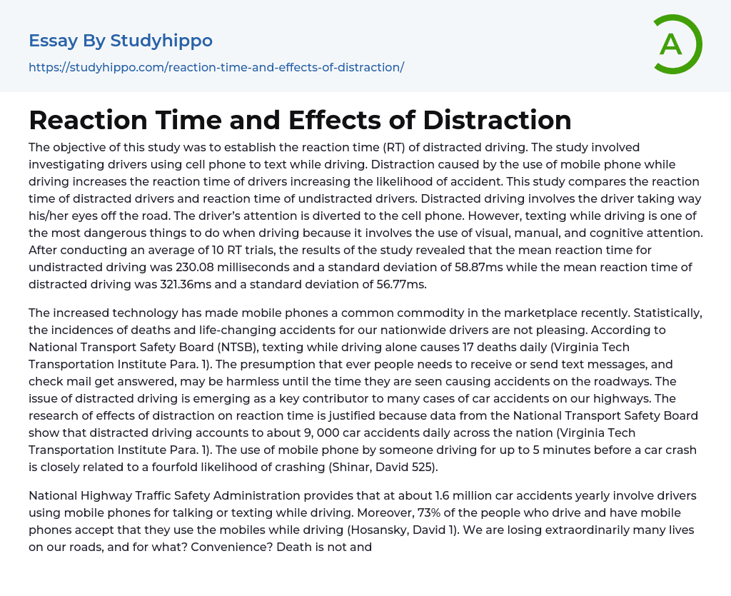 Reaction Time and Effects of Distraction Essay Example