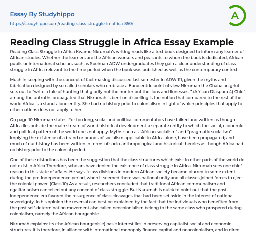 Reading Class Struggle in Africa Essay Example