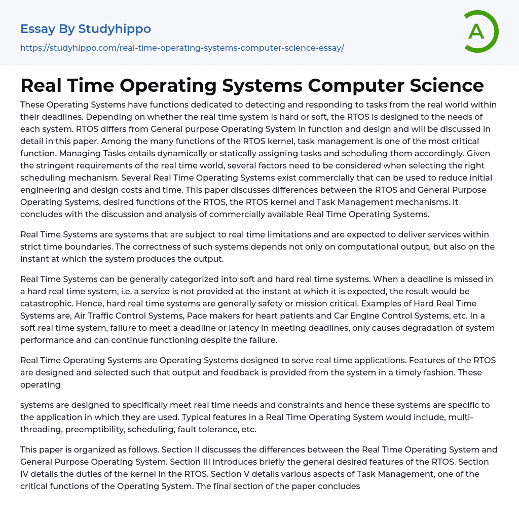 Real Time Operating Systems Computer Science Essay Example