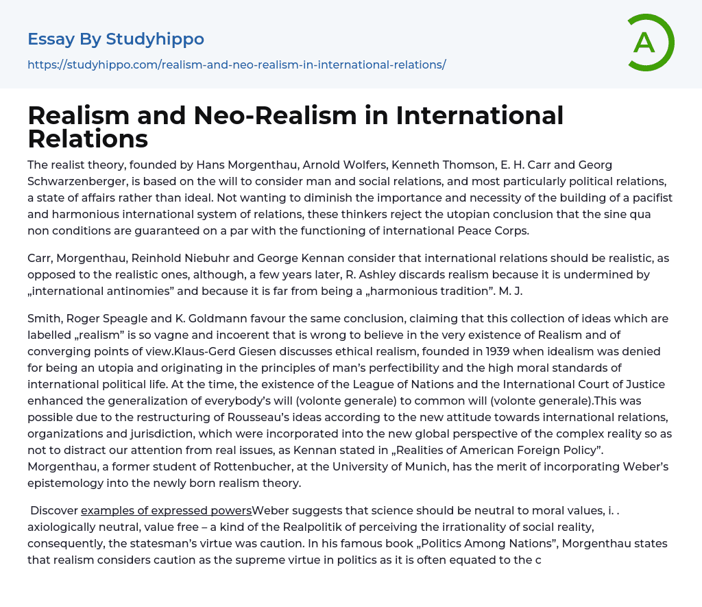 Realism and Neo-Realism in International Relations Essay Example