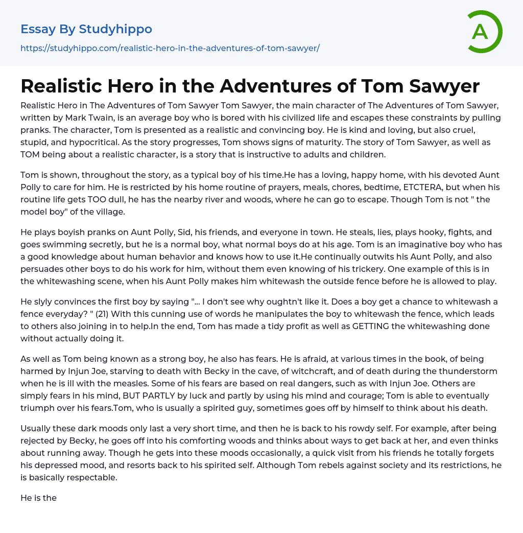 Realistic Hero in the Adventures of Tom Sawyer Essay Example