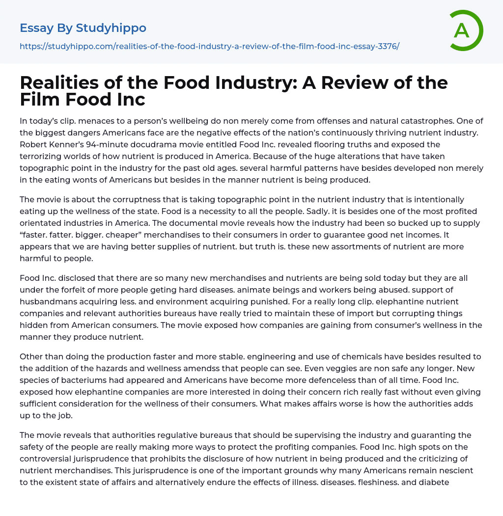 Realities of the Food Industry: A Review of the Film Food Inc Essay Example
